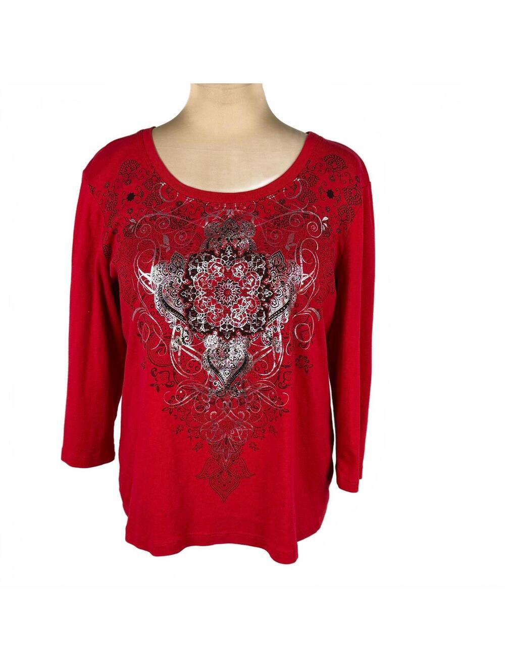 Red Long Sleeve Scoop Neck Shirt with Decorative Front Design